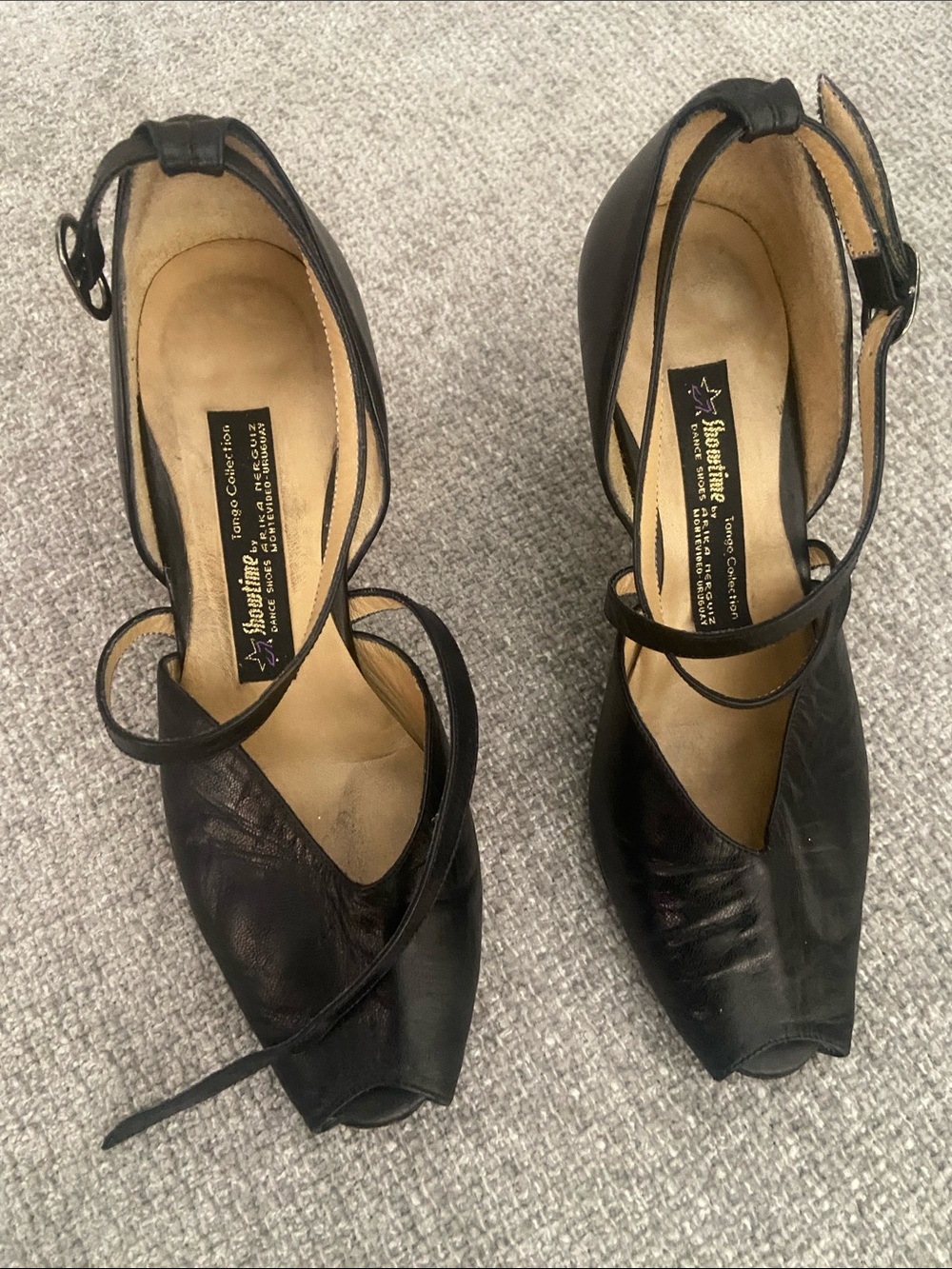Vintage Tango Showtime Dance Black Leather Peep-Toe Strappy Heels size 6